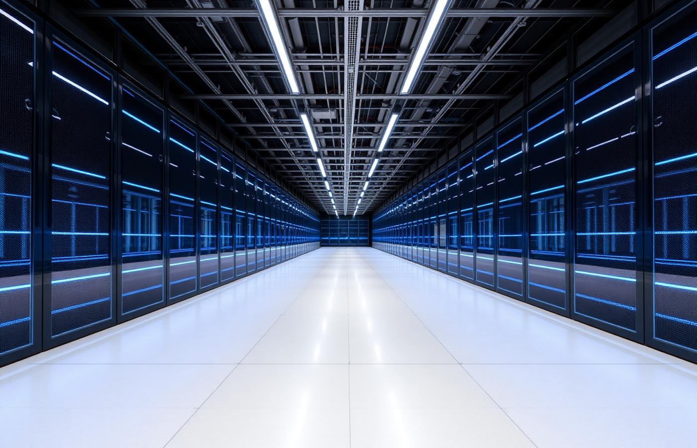 Perspective down a modern datacenter aisle with cool blue lighting