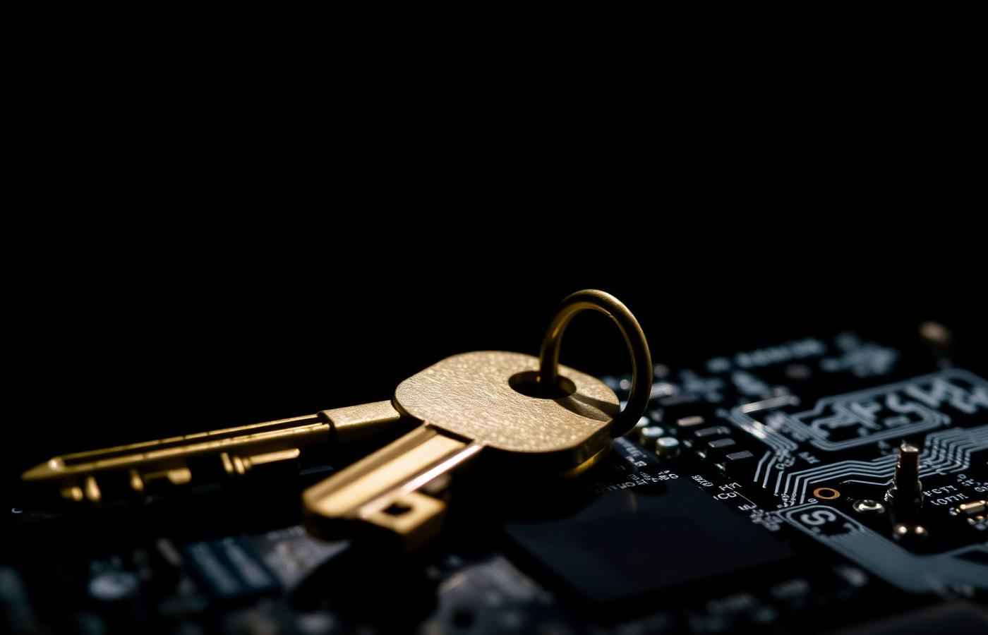 A brass key resting on a circuit board