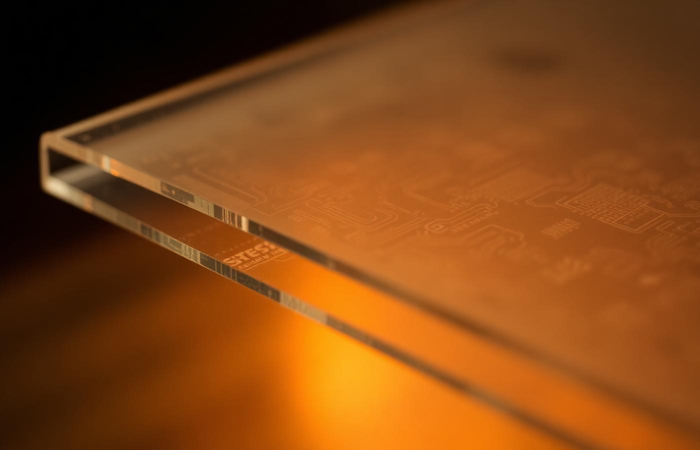 A translucent glass panel etched with circuit patterns lit by warm light