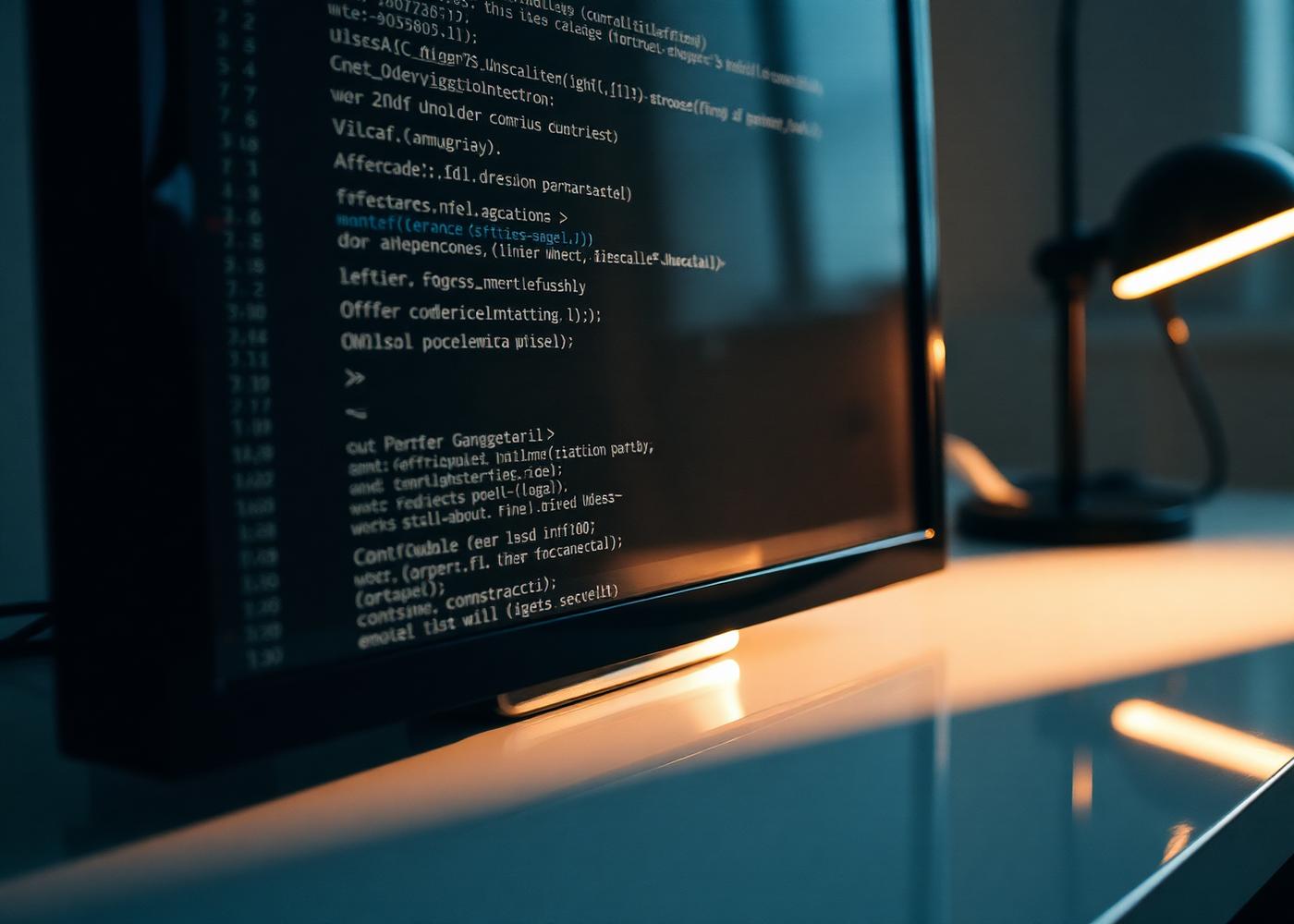 Close-up of source code on a dark monitor with warm side light