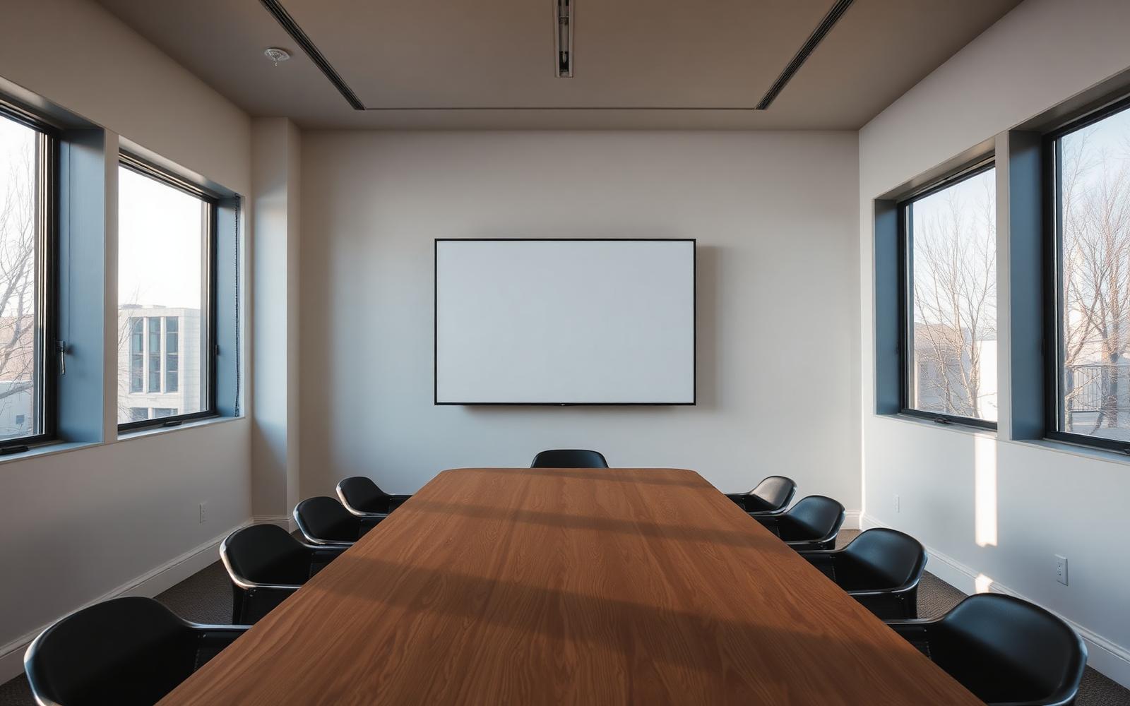 An empty modern meeting room lit by warm morning light through tall windows